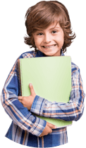 smiling elementary boy student holding a notebook
