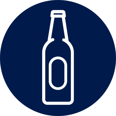 Blue circle with white bottle outline, representing Alcoholism